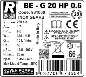 Rover BE-G 20 HP 0.6 fogaskerék szivattyú 